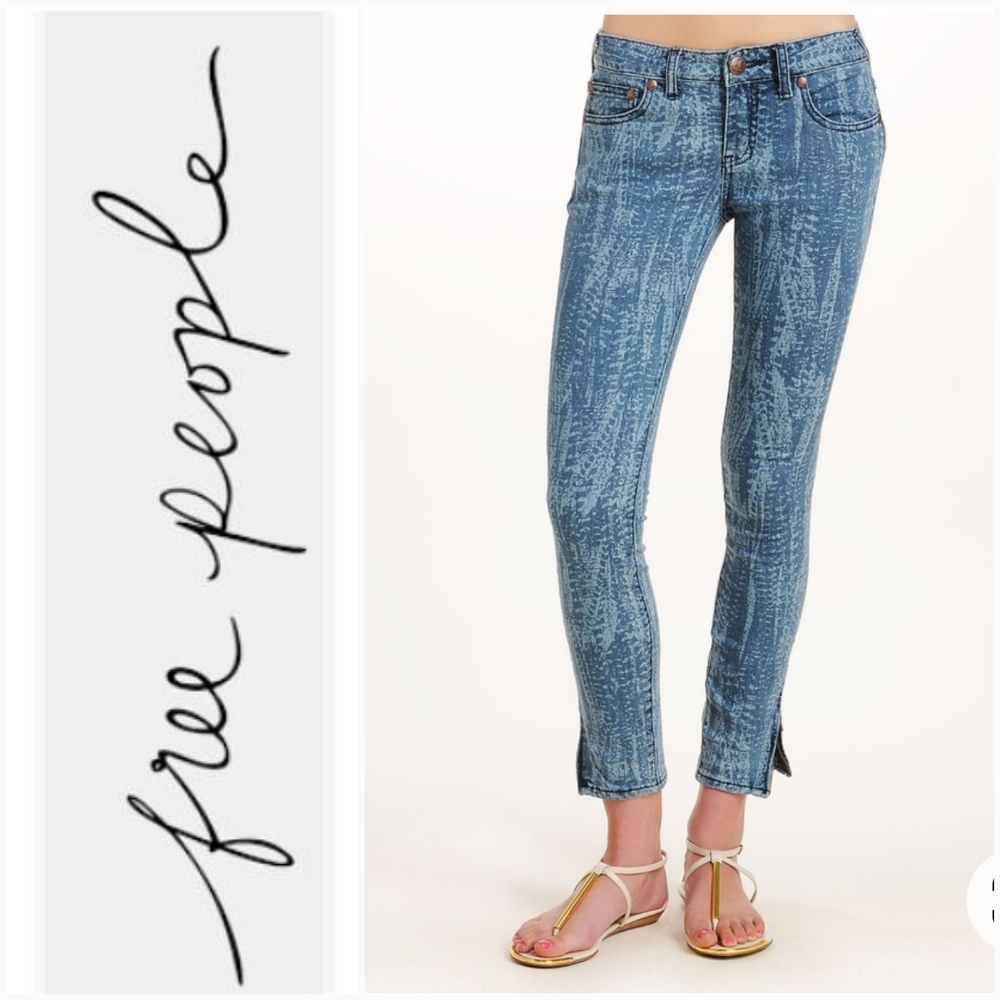 FREE PEOPLE 27 Ankle Zip Feathers Print Skinny Jean Size 27